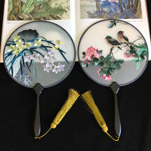 Double sided hand su embroidery fan:flower birds butterfly lotus panda fish cranes