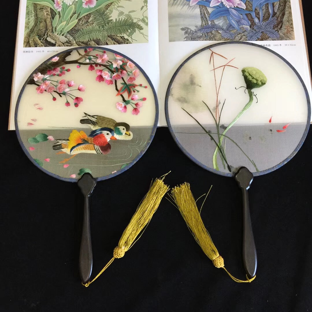 Double sided hand su embroidery fan:flower birds butterfly lotus panda fish cranes