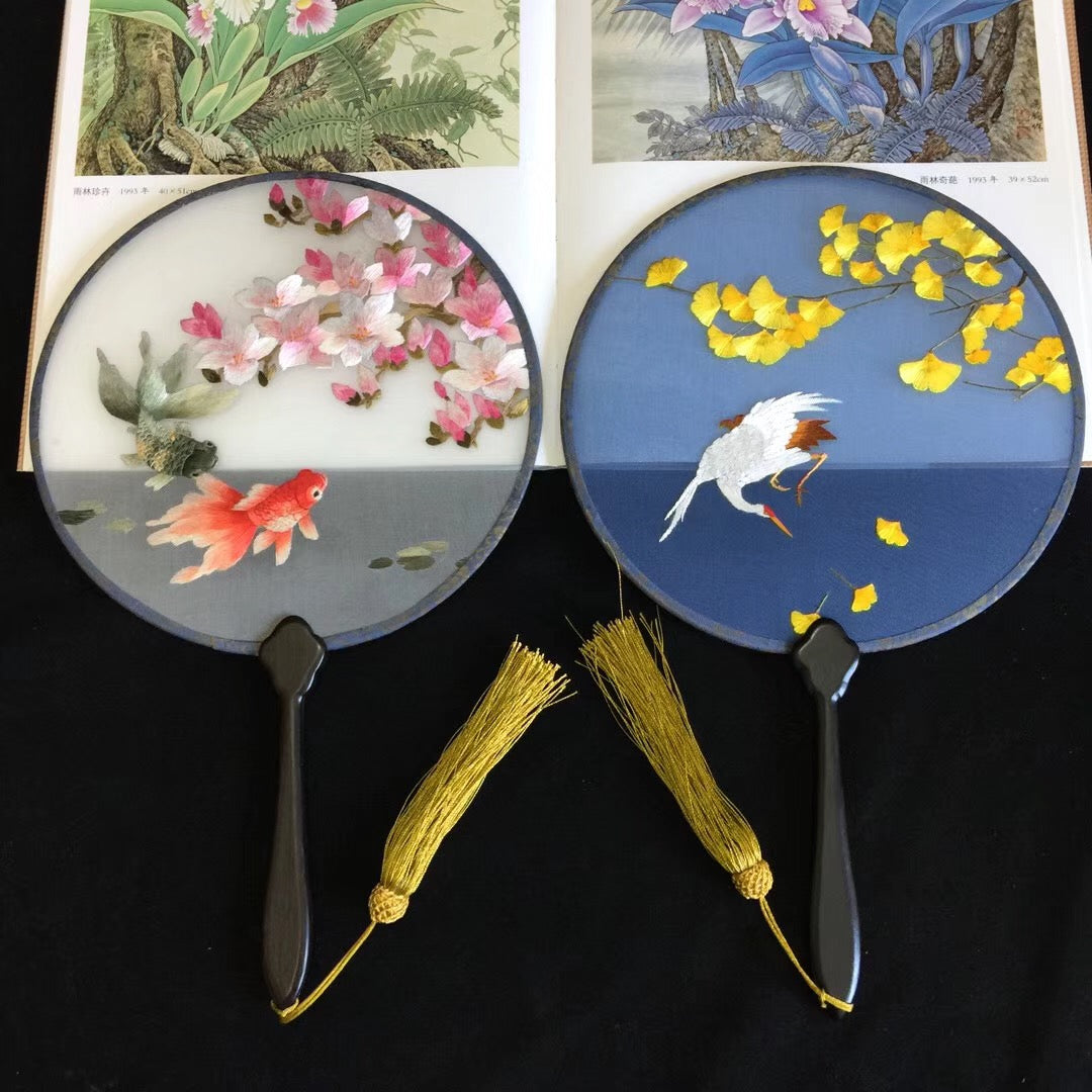 Double sided hand su embroidery fan:flower birds butterfly lotus panda fish cranes