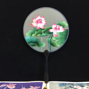 Double sided hand su embroidery fan:peacock birds butterfly lotus cat leaves