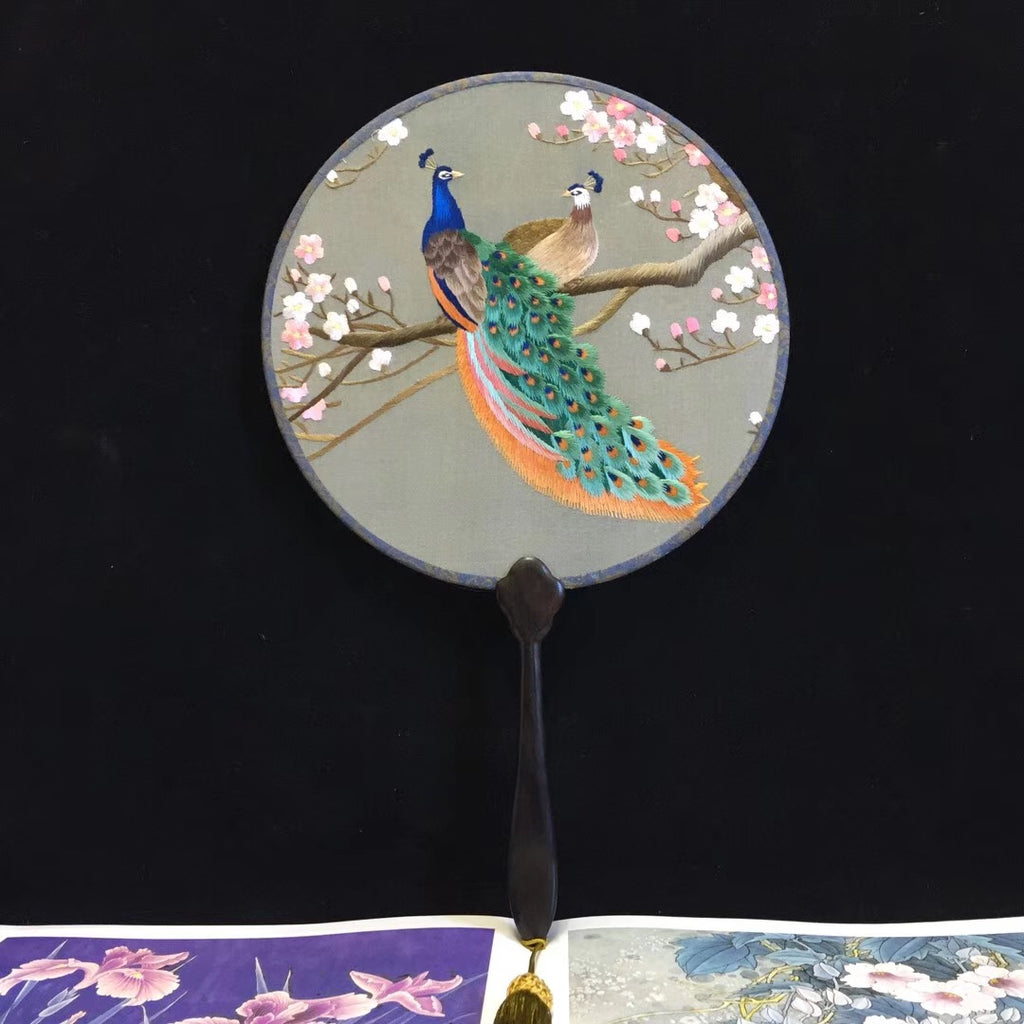 Double sided hand su embroidery fan:peacock birds butterfly lotus cat leaves