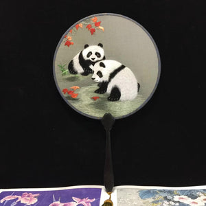 Double sided hand su embroidery fan:flower birds butterfly bamboo cranes fish panda 2918