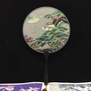 Double sided hand su embroidery fan:flower birds butterfly bamboo cranes fish panda 2918