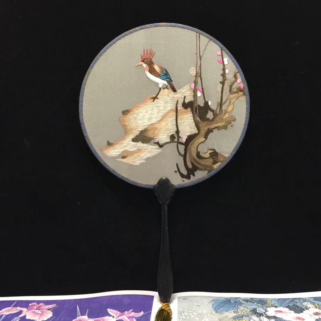 Double sided hand su embroidery fan:flower birds butterfly bamboo cranes fish panda 2918