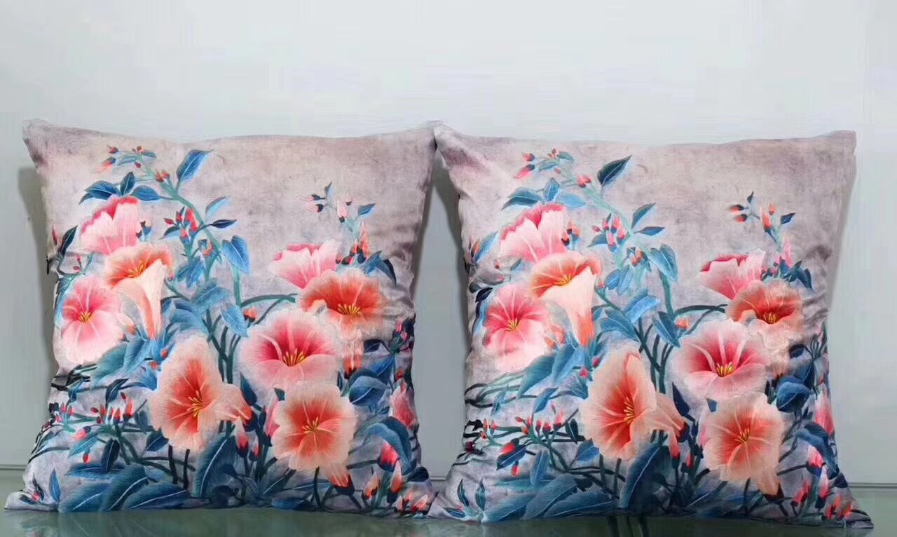 Chinese 100% hand embroidered Su Embroidery silk pillow covers flower phenix butterfly 1piece