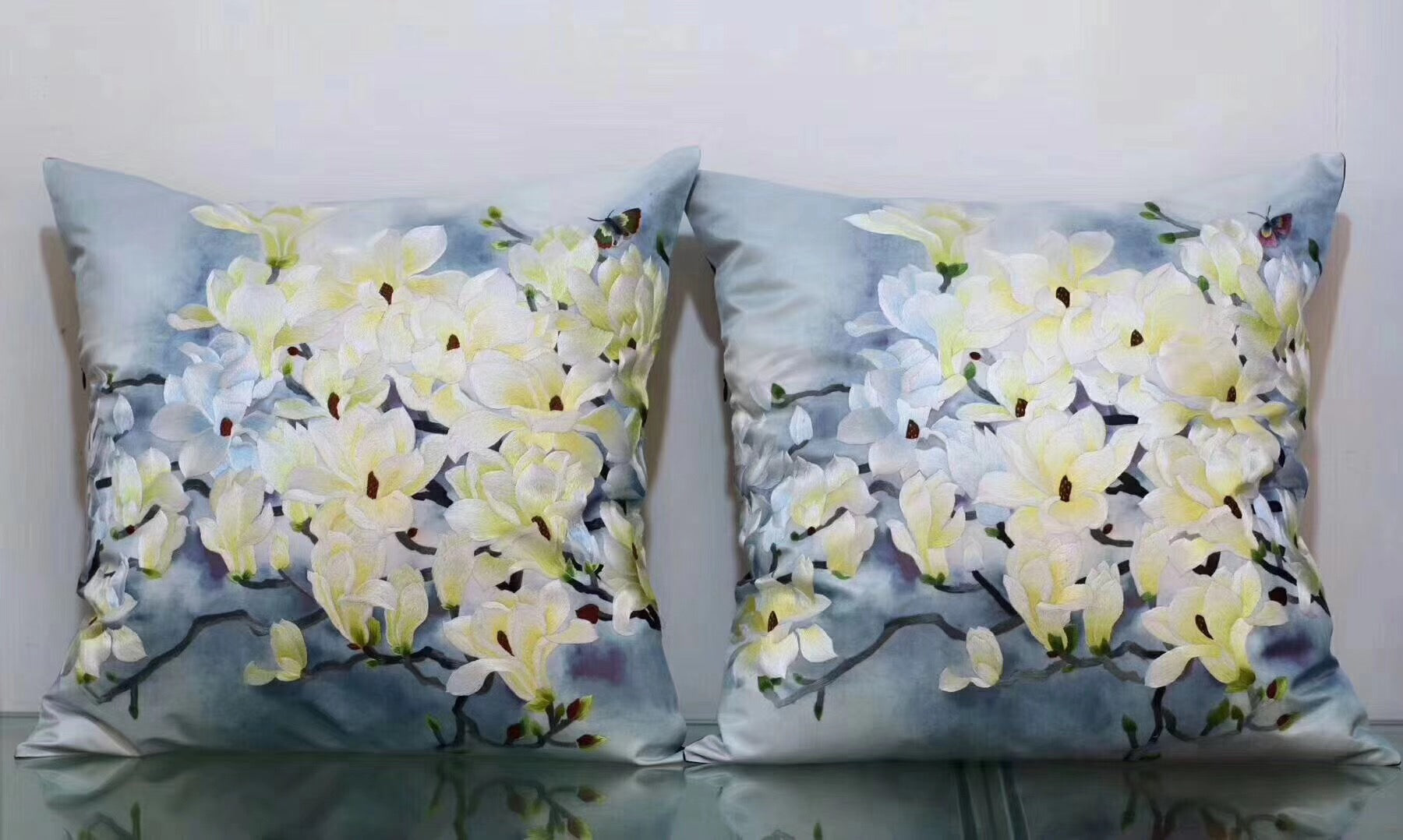 Chinese 100% hand embroidered Su Embroidery silk pillow covers flower phenix butterfly 1piece