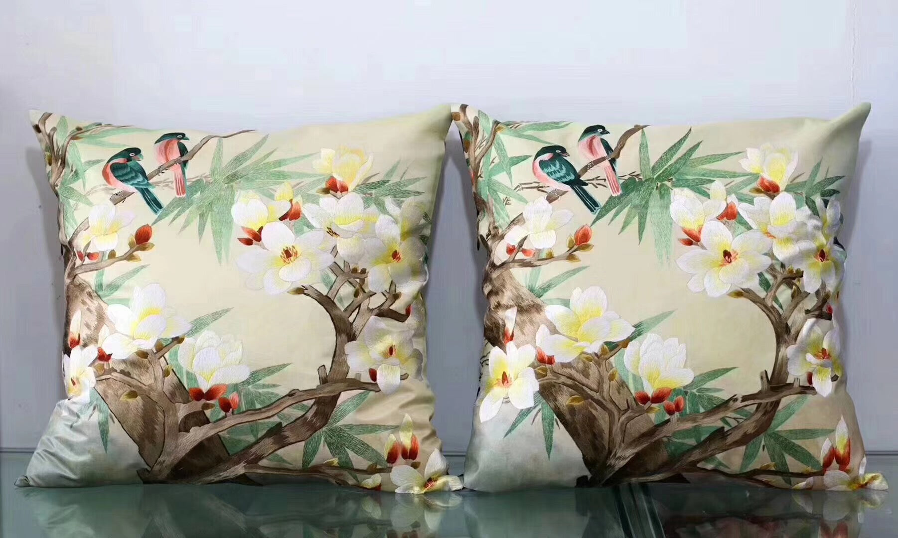 Chinese 100% hand embroidered Su Embroidery silk pillow covers flower phenix butterfly 1piece