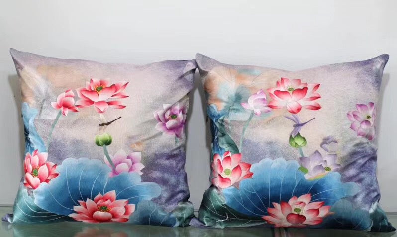 Chinese 100% hand embroidered Su Embroidery silk pillow covers flower phenix butterfly 1piece