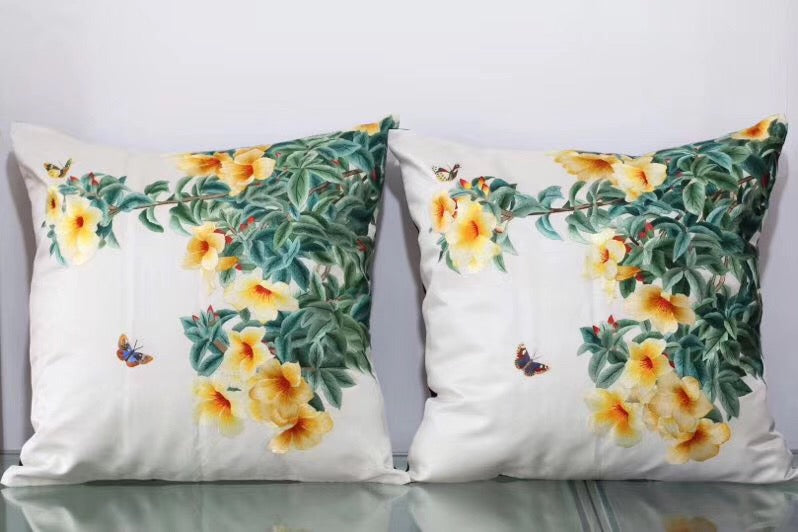 Chinese 100% hand embroidered Su Embroidery silk pillow covers flower phenix butterfly 1piece