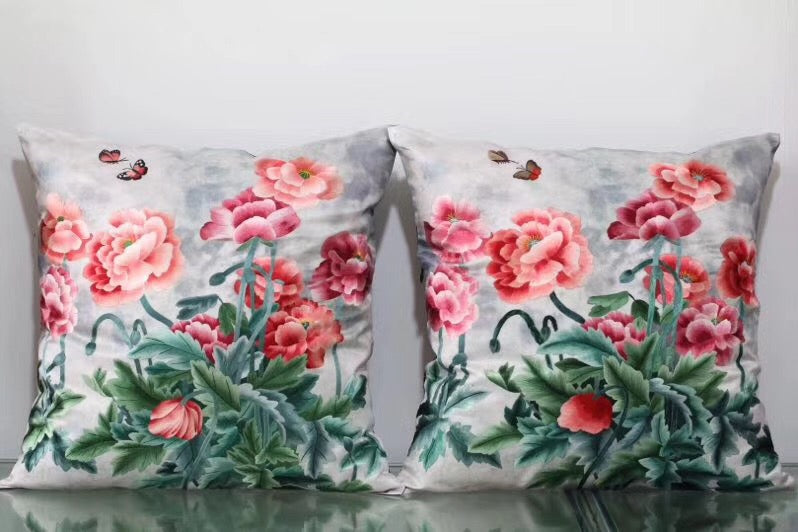 Chinese 100% hand embroidered Su Embroidery silk pillow covers flower phenix butterfly 1piece