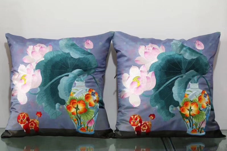 Chinese 100% hand embroidered Su Embroidery silk pillow covers flower phenix butterfly 1piece