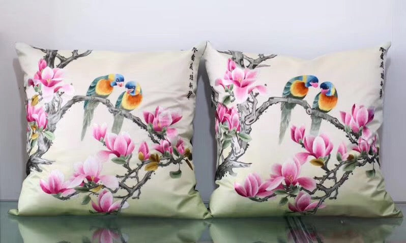 Chinese 100% hand embroidered Su Embroidery silk pillow covers flower phenix butterfly 1piece