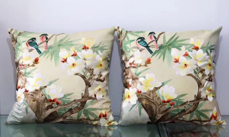 Chinese 100% hand embroidered Su Embroidery silk pillow covers flower phenix butterfly 1piece