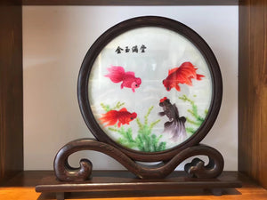 Hand Double-sided Suzhou Embroidery art(with frame):flower bird fish 2918