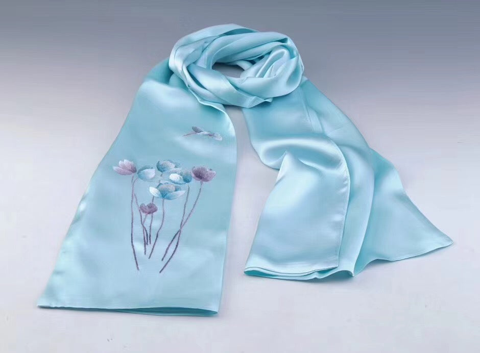 Fashion Hand embroideried pure mulberry silk Su Embroidery long scarf 1piece