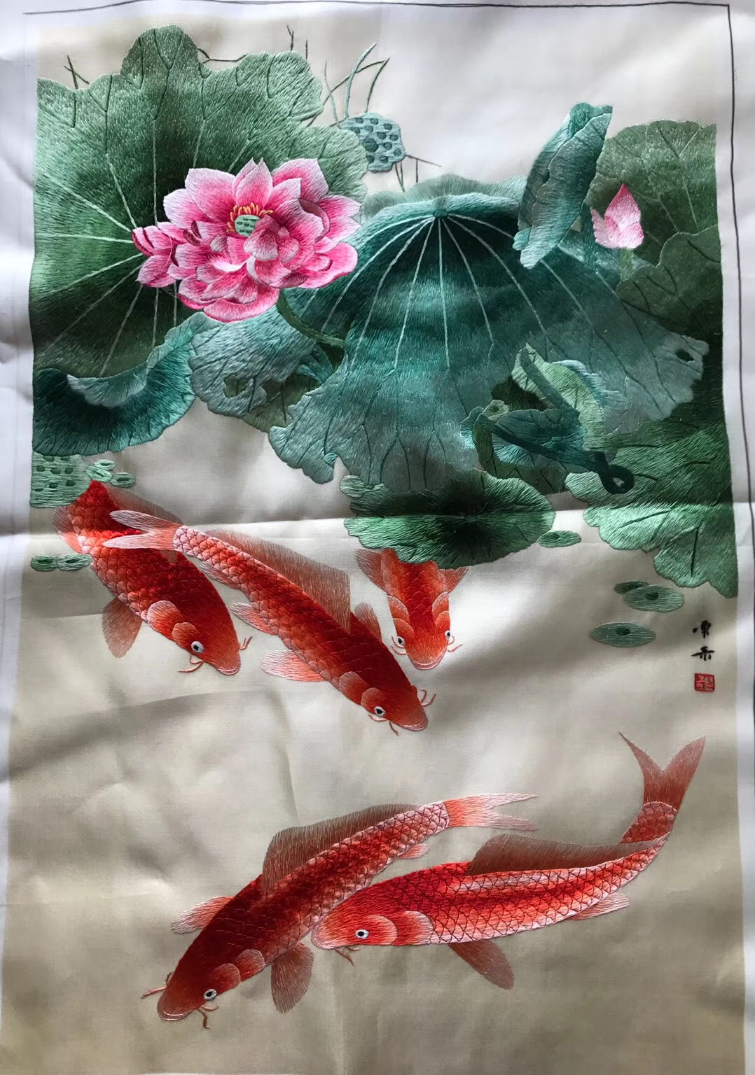 Hand embroideried Su Embroidery Art:carp fish lotus cock peony dragon vase 60cm 3918