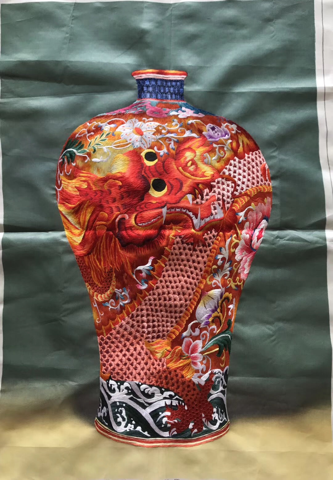 Hand embroideried Su Embroidery Art:carp fish lotus cock peony dragon vase 60cm 3918