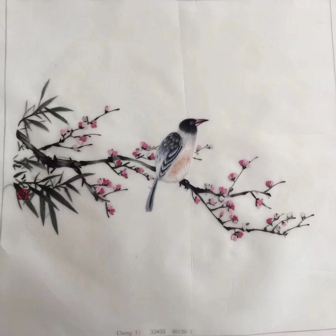 Delicate Hand embroidered Su Embroidery Silk Art:flower bird on branch 35cm 3918