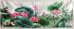 Chinese Totally 100% Hand Embroidered Su Embroidery Art:fishes lotus peony 160cm