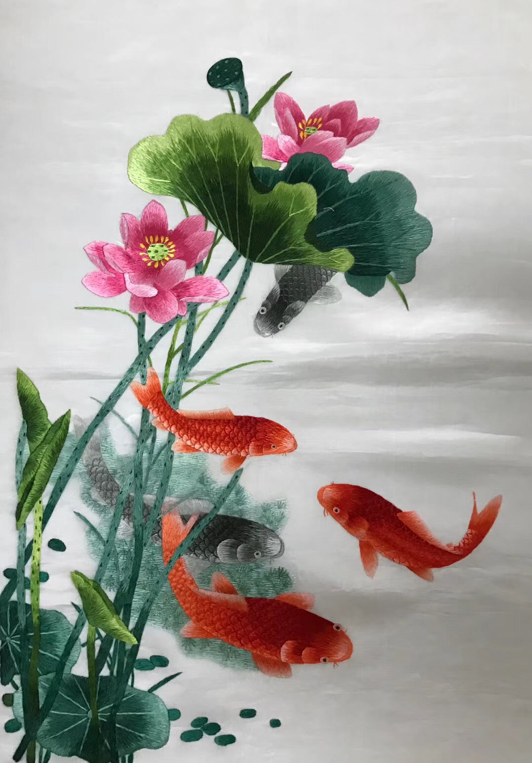 Hand embroideried Su Embroidery Art:carp fish lotus cock peony dragon vase 60cm 3918