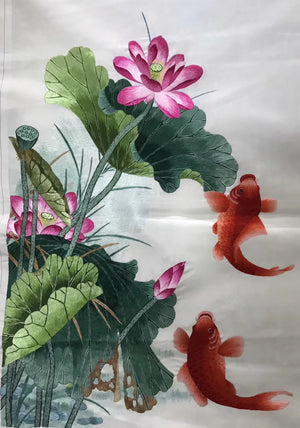 Hand embroideried Su Embroidery Art:carp fish lotus cock peony dragon vase 60cm 3918