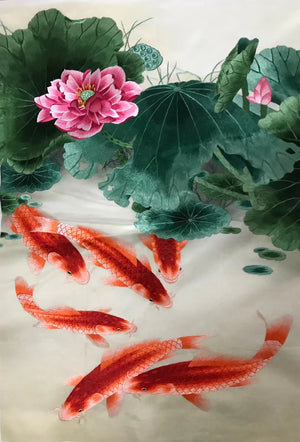 Hand embroideried Su Embroidery Art:carp fish lotus cock peony dragon vase 60cm 3918