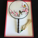 Double sided embroidery fan birds plum